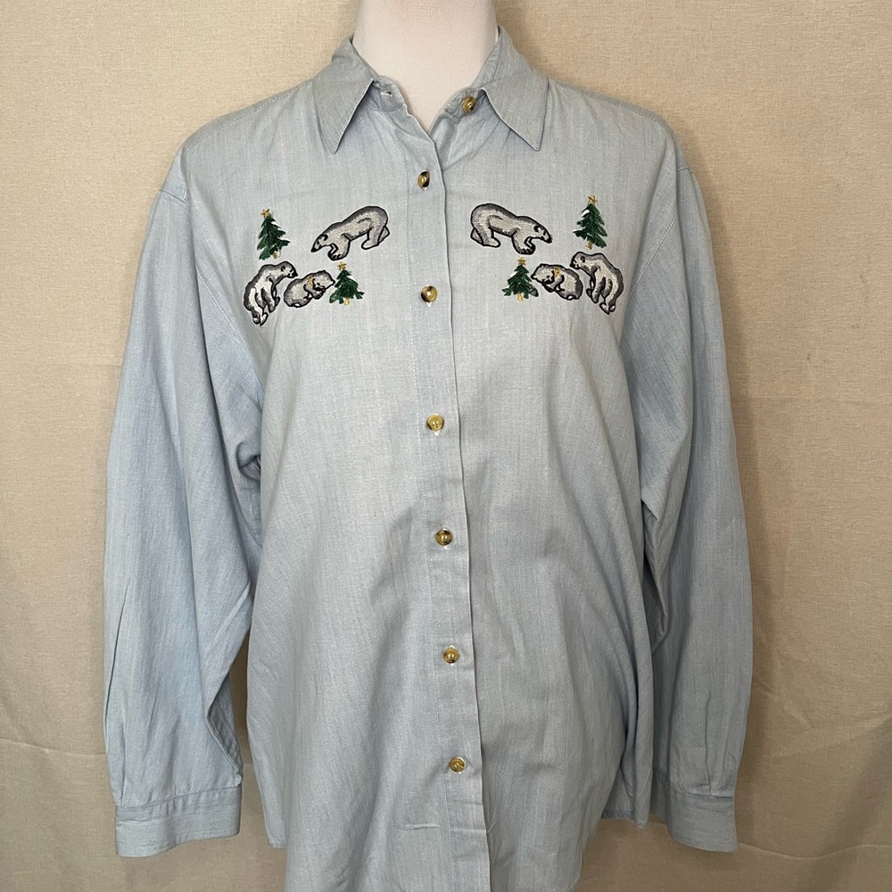 Cabin Creek Denim Embroidered Button Down Christmas Polar Bears L